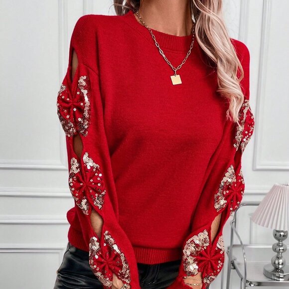 Red Casual Women's Christmas Sequin Pullover Sweater - Picture 3 of 7